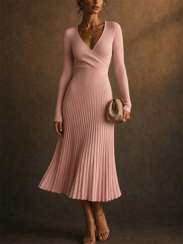 Women Elegant Wrap Ribbed Knit Long Sleeve Pleated Midi Dress