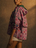 Women Colorblock Graphic Print Hooded Windbreaker Zip Up Jacket