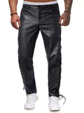 Male's Faux Leather Solid Color Side Lace Up Mid Rise Trousers