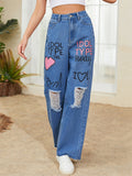 Women's Pink Heart Letter Graffiti Street Light Blue Jeans