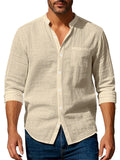 Men's Causal Linen Solid Color Pocket Long Sleeve Shirts