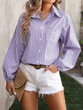 Long Sleeve Striped Button Up Blouses for Ladies