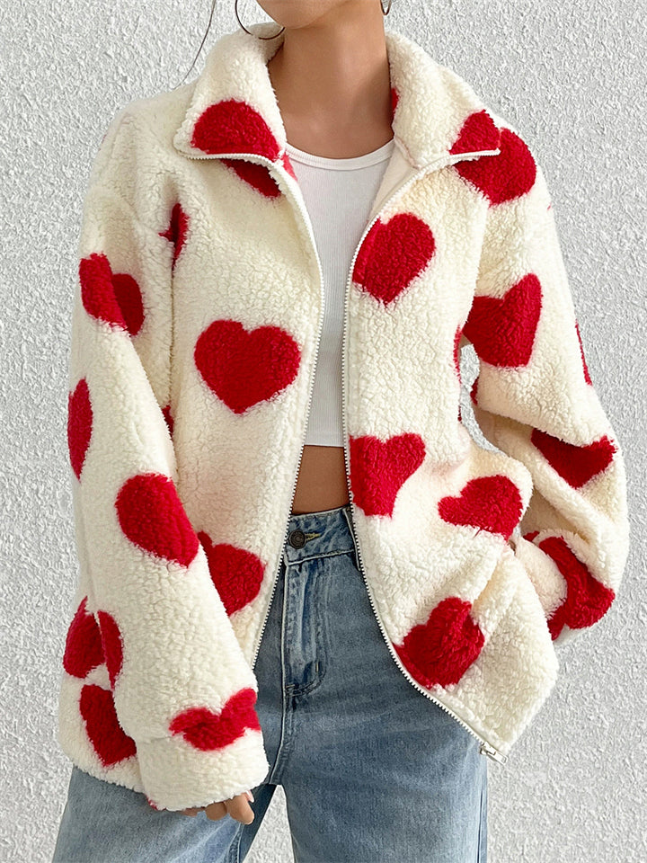 Women's Autumn Fleece Cute Heart Shape Pattern Zip Up Coats