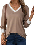 Women's Simple Contrast Trim V Neck Long Sleeve Sweatshirts
