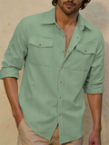 Men's Casual Linen Long Sleeve Spring Shirts with Front Pockets