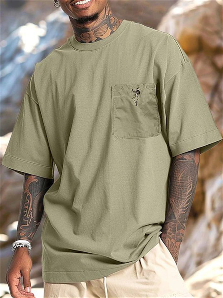 Men's Loose Solid Color Pockets Round Neck T-Shirts