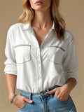Classic Imitation Denim White Button Up Blouses for Women with Pockets