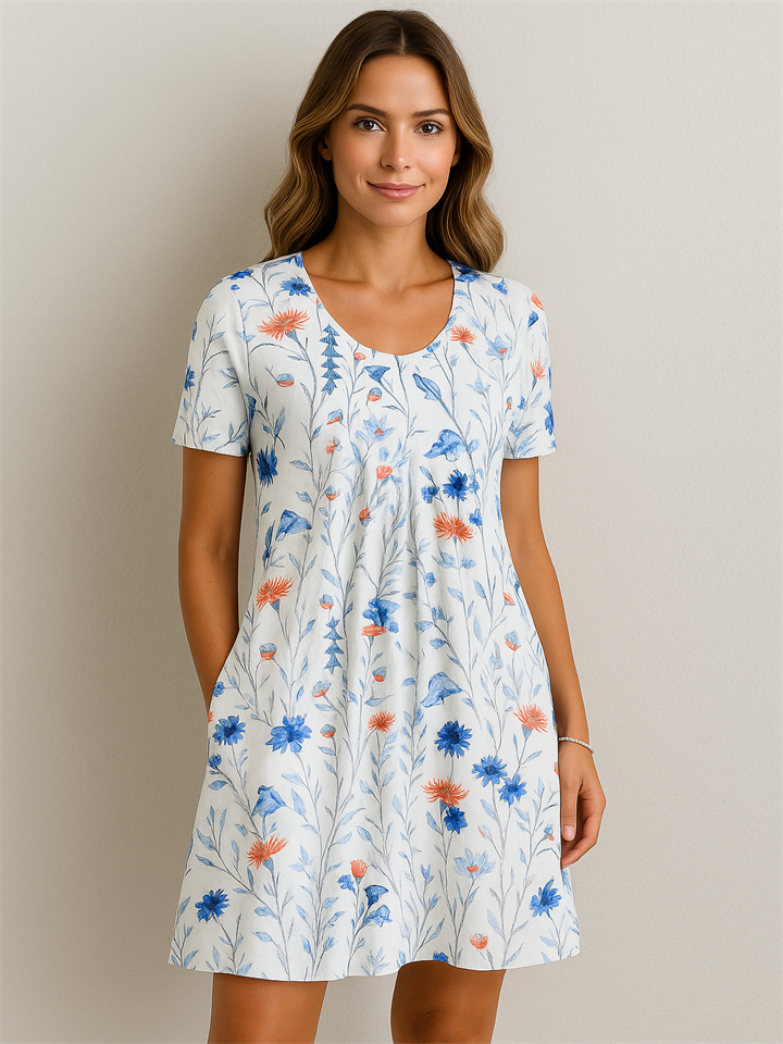Women's Summer Floral Printed Round Neck Pocket Dress