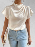 Ladies' Elegant Solid Color Semi-high Neck Short Sleeve Satin Blouses