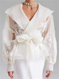 Women's French Style Elegant Lapel Long-sleeve Semi Transparent Blouses