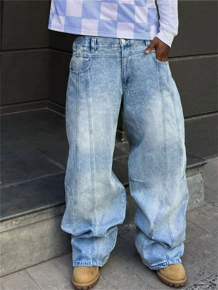 Mens Stylish Baggy Y2K Wide Leg Panelled Light Wash Streetwear Jeans