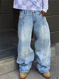Mens Stylish Baggy Y2K Wide Leg Panelled Light Wash Streetwear Jeans