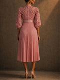 Women Hollowed Lace Puff Sleeve Belted Pleated Formal Midi Dress