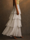 Women White Chiffon Contrast Trim Tiered Ruffle Maxi Skirt