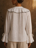 Womens Ruffle V Neck Contrast Trim Puff Sleeve Button Blouse