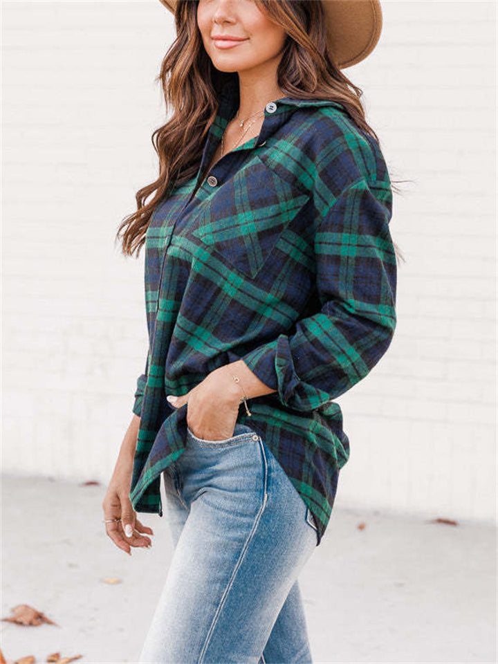 Loose Ultrathin Lapel Long Sleeve Plaid Blouses for Women