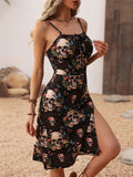 Evil Rose Skull Print Strappy Drawstring High Split Dress for Women