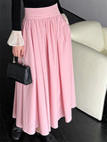 French Style Women's Solid Color A-line Pleated Maxi Skirt
