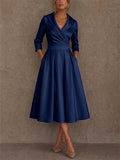 Women Elegant Satin Wrap V Neck High Waisted A Line Midi Dress