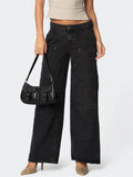 Women's Retro Solid Color Mid-Rise Cargo Straight Denim Pants