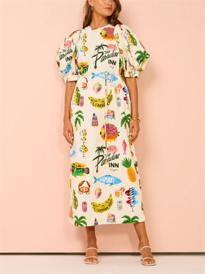 Female Cartoon Seafood Fruit Print Puff Sleeve Midi Dress