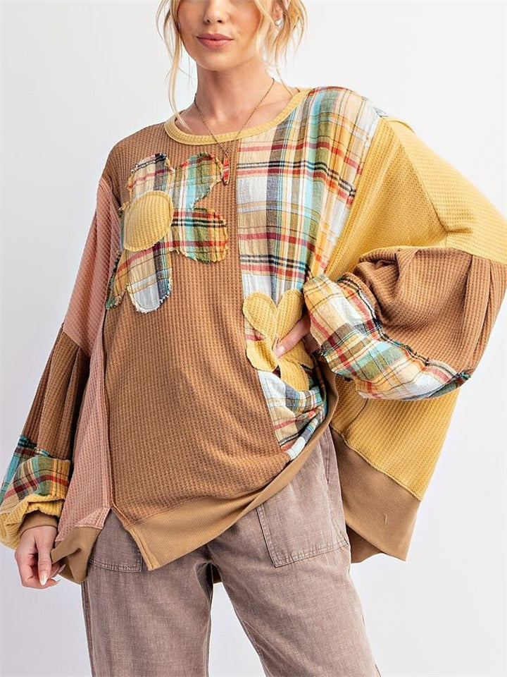 Women's Retro Waffle Patchwork Contrast Color Round Neck Sweatshirt