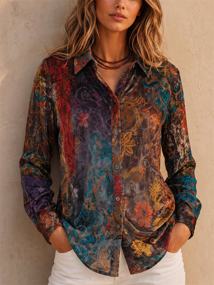 Women Vintage Floral Print Long Sleeve Button Down Blouse