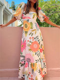 Women's Flower Printed Square Neck Lantern Sleeve Dresses