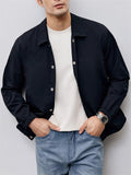 Retro Men's Button Long Sleeve Waist Length Solid Color Lapel Coat Black