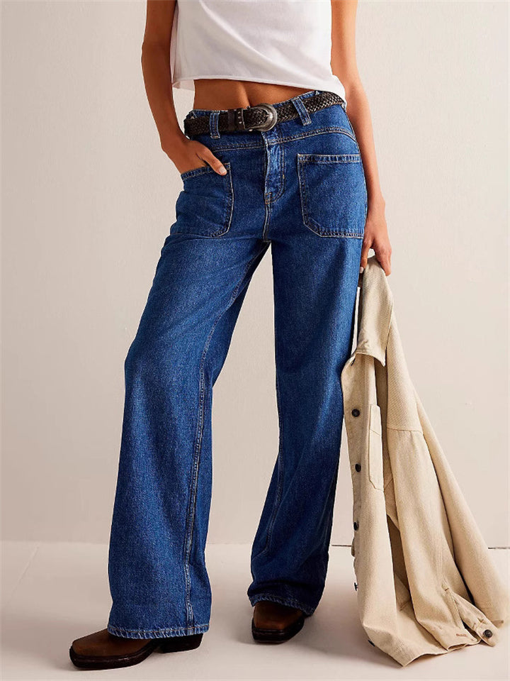 Female Loose Washed Button Trim Jeans with Pockets