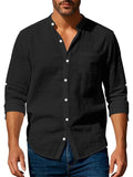 Men's Causal Linen Solid Color Pocket Long Sleeve Shirts