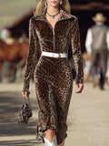 ‌Leopard Print Zip Up Lapel Belted Maxi Dress for Women‌