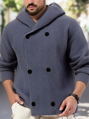 Men's Autumn Gray Solid Color Double Breasted Hooded Cardigan Sweaters