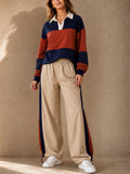 Women Colorblock Rugby Shirt Cinch Cargo Pants 2 Piece Set