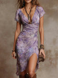 Womens Boho Floral Ruched High Slit V Neck Midi Dress