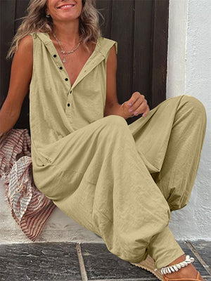 Youth Relaxed Button Hooded Sleeveless Long Jumpsuit for Women