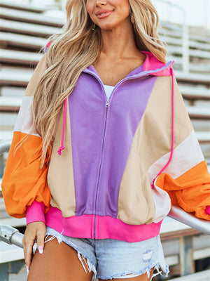 Women's Dopamine Contrast Color Zip Up Long Sleeve Hoodie