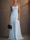 Women Elegant Lace Chiffon Spaghetti Strap Maxi Dress