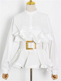 Korean Style Ruffled Sleeve Stand Collar High Waist Blouse