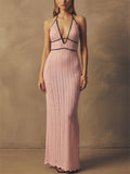 Women Contrast Trim Backless Sexy Beach Resort Halter Knit Maxi Dress