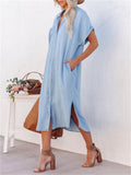 Women's Casual Mid-Length Split Short Sleeve Denim Dress