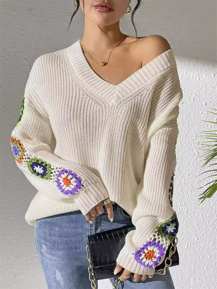 Ladies' Autumn Trendy V Neck Crochet Long Sleeve Sweaters