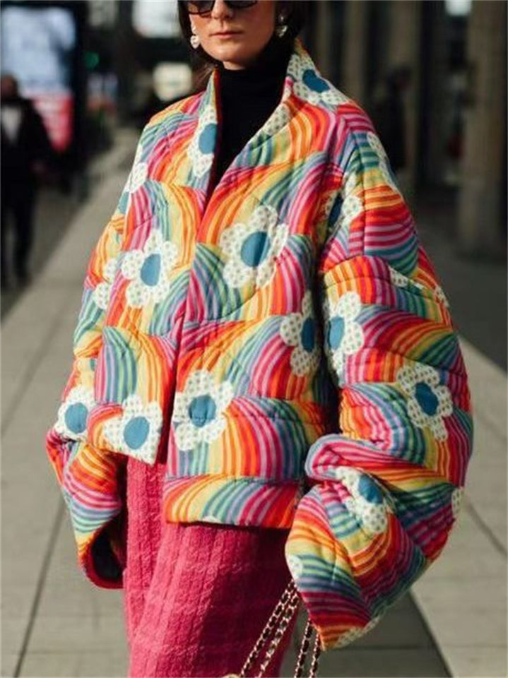 Women's Contrast Color Rainbow Flowers Print Long Sleeve Cardigan Coat