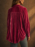 Women Velvet Oversized Button Down Long Sleeve Shirts