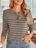 Women's Contrast Color Stripe Quarter Button Long Sleeve T-Shirt