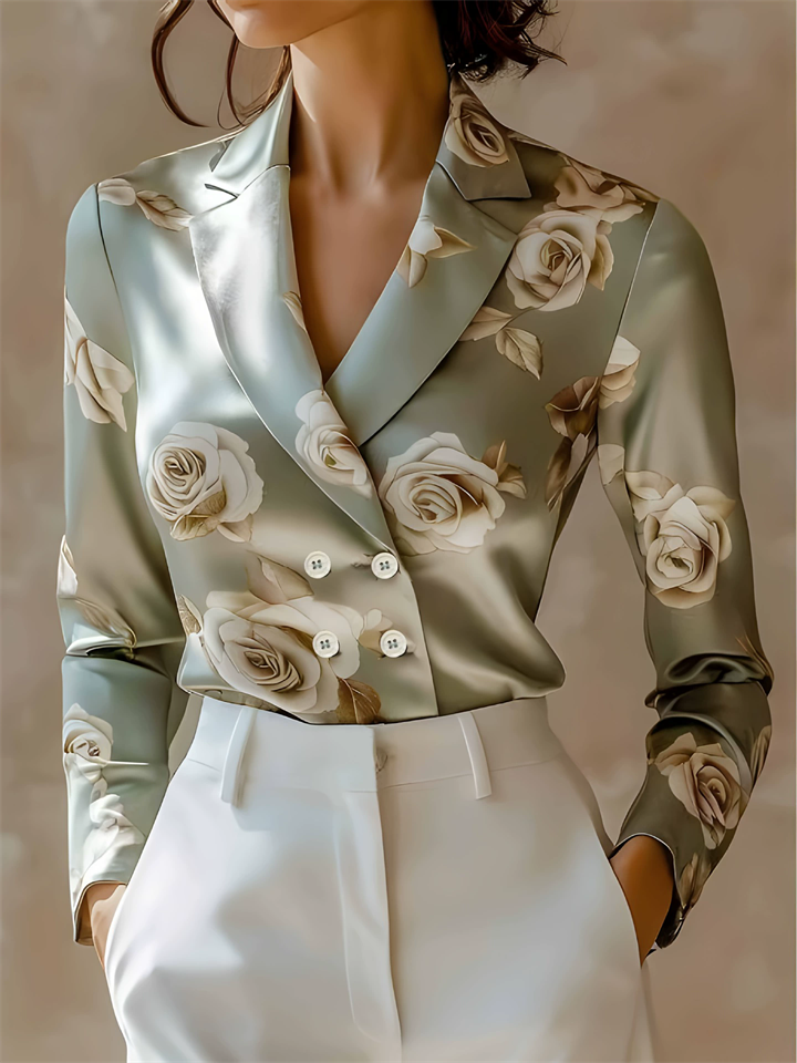 Women's V-Neck French Style Double Breasted Floral Print Lapel Blouses