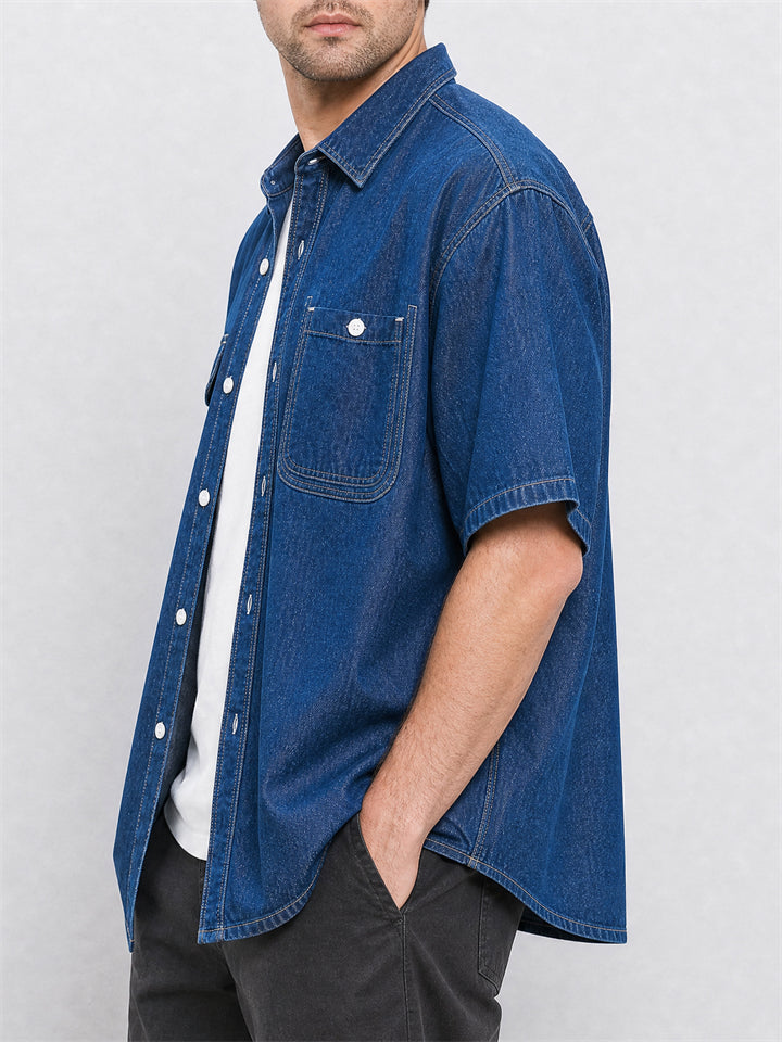 Mens Short Sleeve Denim Button Up Shirt with Multi Pocket