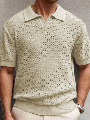 Male's Summer Casual Cool Solid Color Hollow Short Sleeve Knitted Shirts