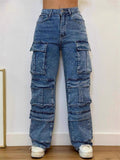 ‌Women's Multi Pocket Cargo Jeans with Rhinestones