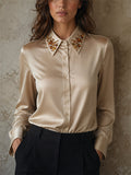 Women's Stylish Beaded Collar Satin Button Down Blouse